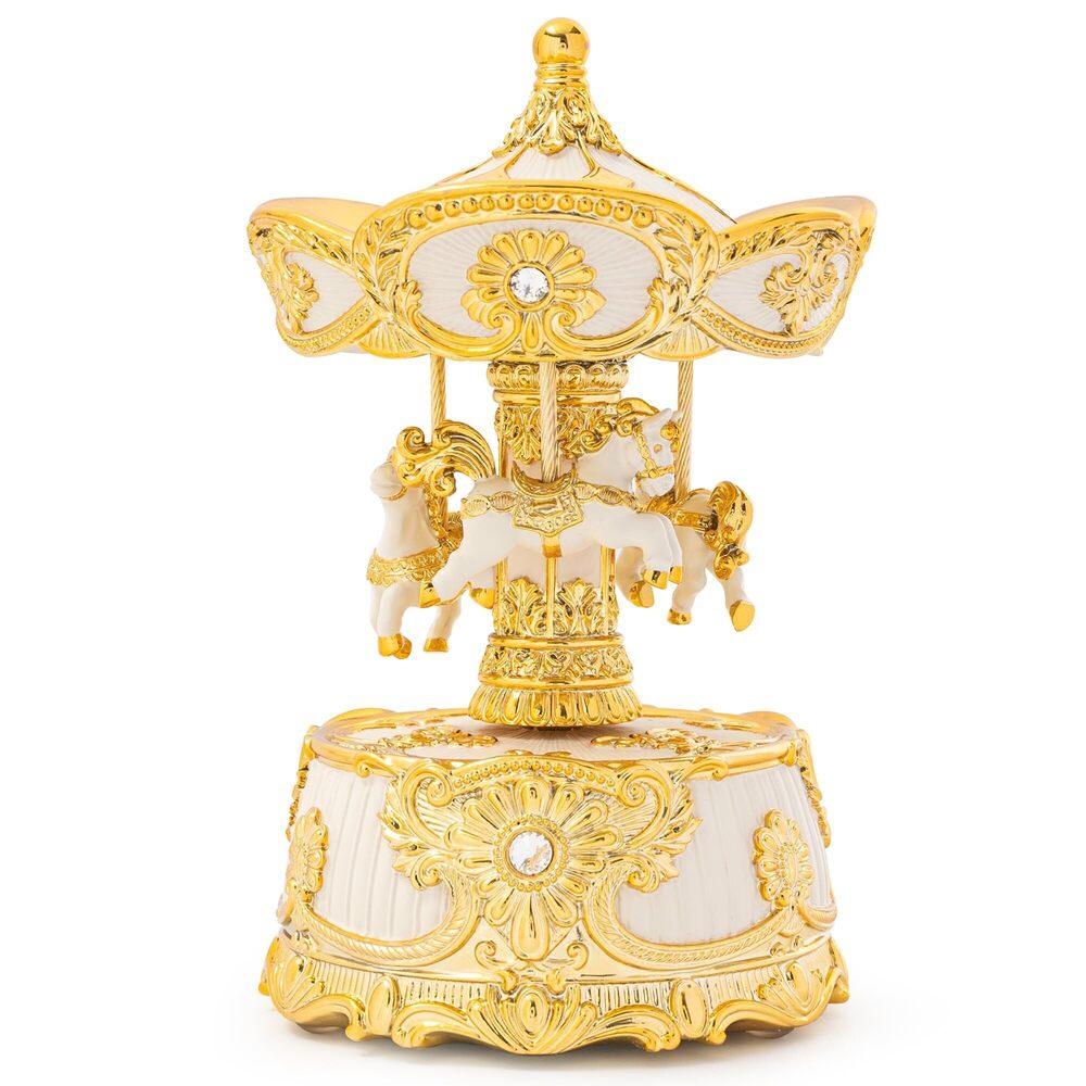 9008 Carousel Music Box Gold & Ivory 6.2" Rotate Christmas Music Box